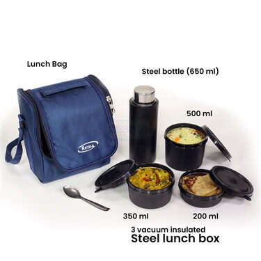 3 lunch Box With Stainless Steel Coloured Bottle And Bag (3LBB)