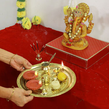 9 Pcs Brass Pooja Thali + 2 Magic Water Sensor Diya (11BPT1)