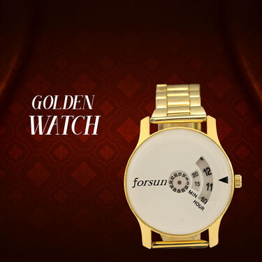 Golden Watch + 2 Golden Chain + Bracelet + Diamond Ring (MGW2CBR2)