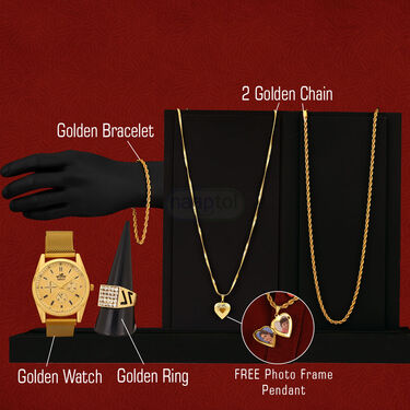 Golden Watch + Photo Frame Pendant + Golden Chain + Golden Bracelet + Ring (MGWCBRP1)