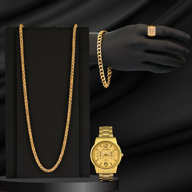 Golden Watch + Chain + Bracelet + Ring (MGWCBR11)