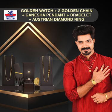 Golden Watch +2 Golden Chain + Ganesha Pendant + Bracelet + Austrian Diamond Ring (MGW2CBRP2)