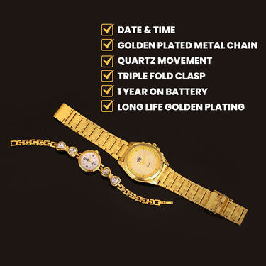 Men's Golden Watch with Free Designer Ladies Watch (MLGW3)