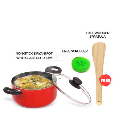Nonstick Biryani Pot with Glass Lid + Free Wooden Spatula & Scrubber (1BP1)