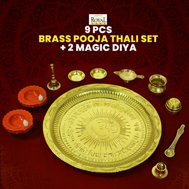 9 Pcs Brass Pooja Thali + 2 Magic Water Sensor Diya (11BPT1)