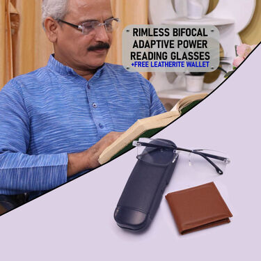 Rimless Bifocal Adaptive Power Reading Glasses + Free Leatherite Wallet (BORG4LW)