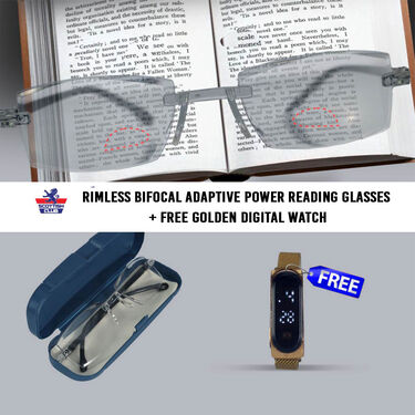 Rimless Bifocal Adaptive Power Reading Glasses + Free Golden Digital Watch (BORG4W2)
