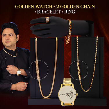 Golden Watch + 2 Golden Chain + Bracelet + Diamond Ring (MGW2CBR2)