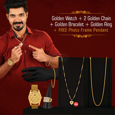 Golden Watch + Photo Frame Pendant + Golden Chain + Golden Bracelet + Ring (MGWCBRP1)