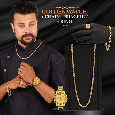 Golden Watch + Chain + Bracelet + Ring (MGWCBR11)