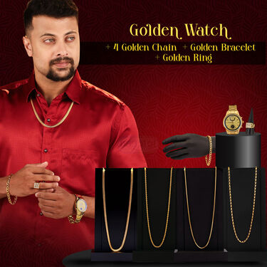 Golden Watch + 4 Golden Chains + Barcelet + Ring (MGW4CBR)