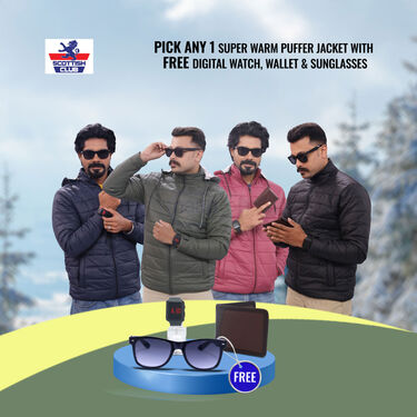 Mens Solid Puffer Jacket Watch Wallet And Sunglases Free (MPJ2)