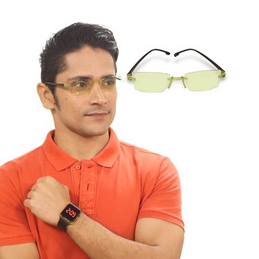 Rimless HD Night Vision Glasses With Free Golden Digital Watch (NVGW1)
