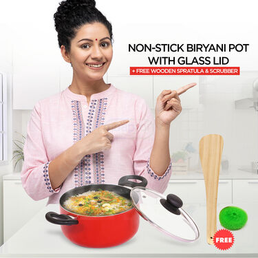 Nonstick Biryani Pot with Glass Lid + Free Wooden Spatula & Scrubber (1BP1)