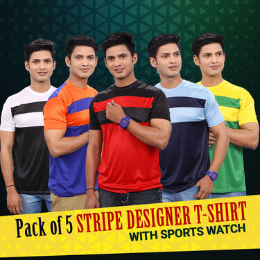 Pack 5 Designer Round Neck T-shirts with Designer Watch (5RT19)
