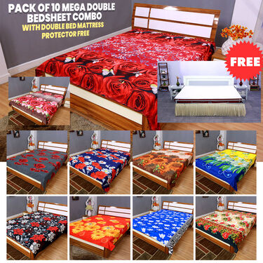 Pack of 10 Mega Double Bedsheet Combo with Double Bed Mattress Protector Free (10BSDMP)