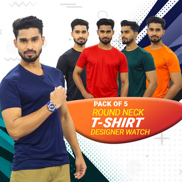 Pack of 5 Round Neck T-shirts with Designer Watch (5RTW-3)