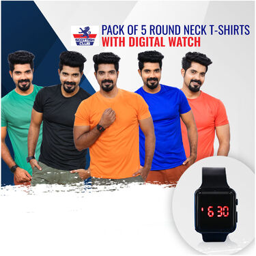 Pack of 5 Round Neck T-shirts with Free Digital Watch (5RTW2)