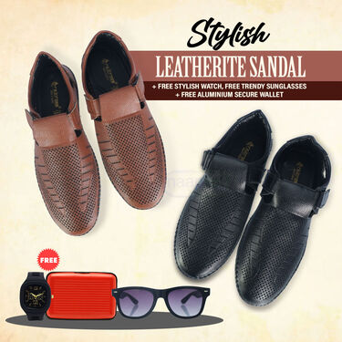Pick Any 1 Stylish Leatherite Sandal + Free Stylish Watch + Free Trendy Sunglass + Free Aluminium Secure Wallet (SDC7)